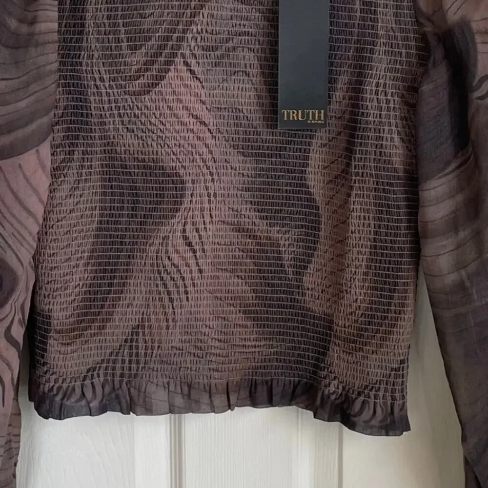 Truth By Republic NWT *FLAW* Smocked Blouse Top Sz M Sheer Long Sleeves Brown - Picture 8 of 14